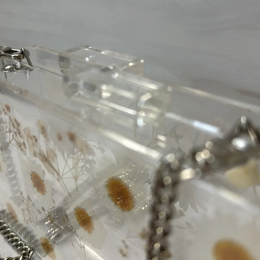 Daisies acrylic transparent lucite box clutch with silver chain strap๐ผ - Picture 12 of 15
